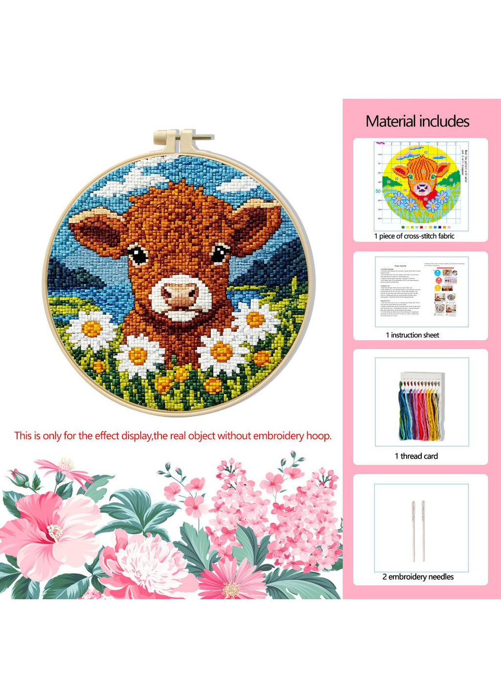 Meadow Monarch - Calf & Wildflowers Cross Stitch Kit - Beginner Friendly