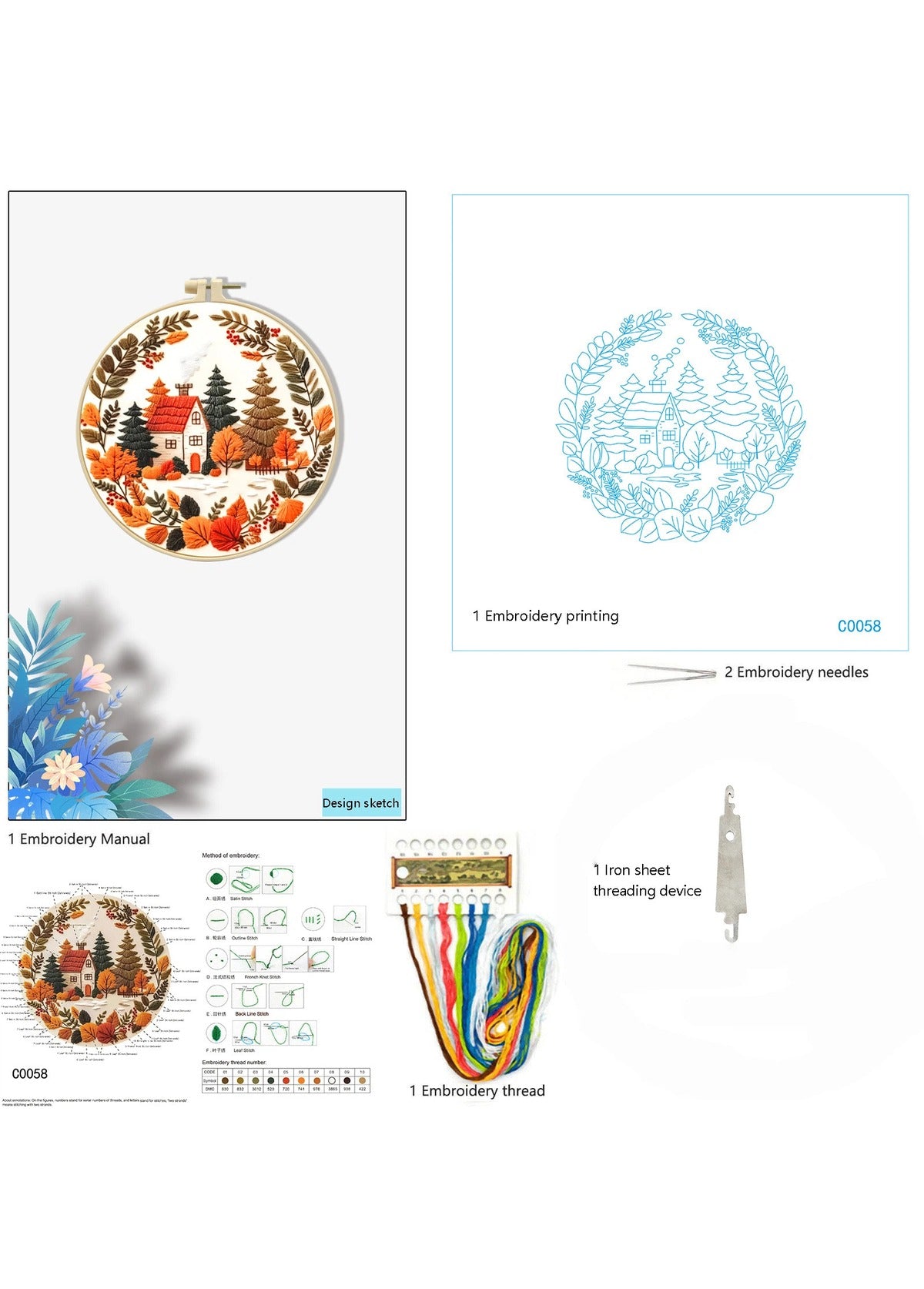 Autumn's Embrace - Fall Cottage Embroidery Kit - Beginner Friendly