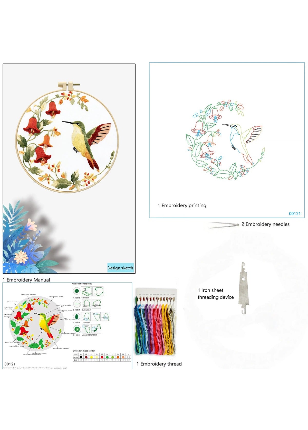 Floral Serenade - Hummingbird and Lily Embroidery Kit - Beginner Friendly