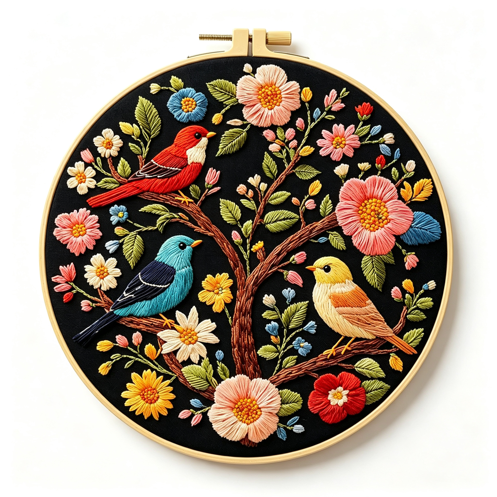 Feathered Symphony - Songbirds and Wildflowers Embroidery Kit - Beginner Friendly