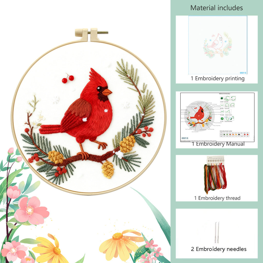 Crimson Songbird's Bloom - DIY Embroidery Kit Detail 5