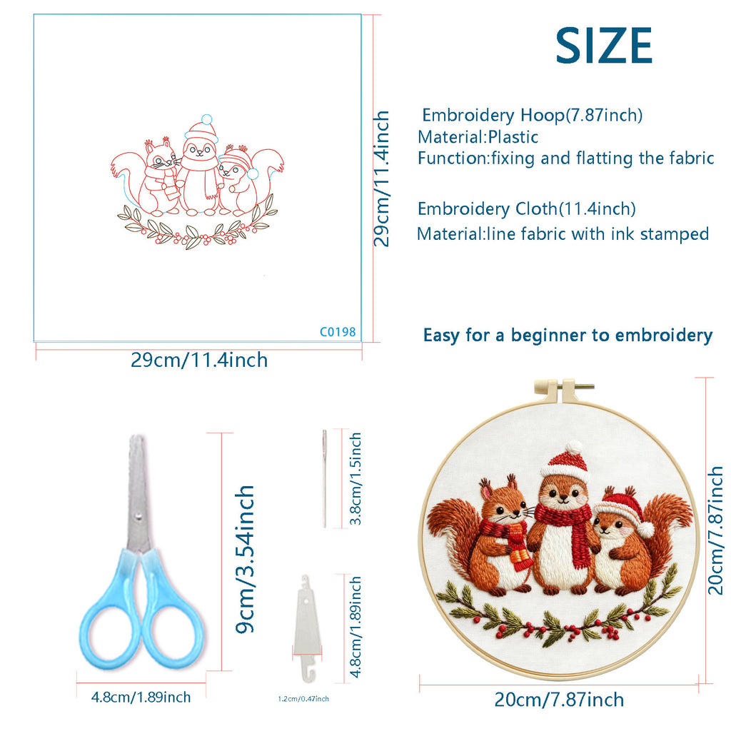 跨境新品Christmas Embroidery KIT圣诞松鼠刺绣套件英文针法说明