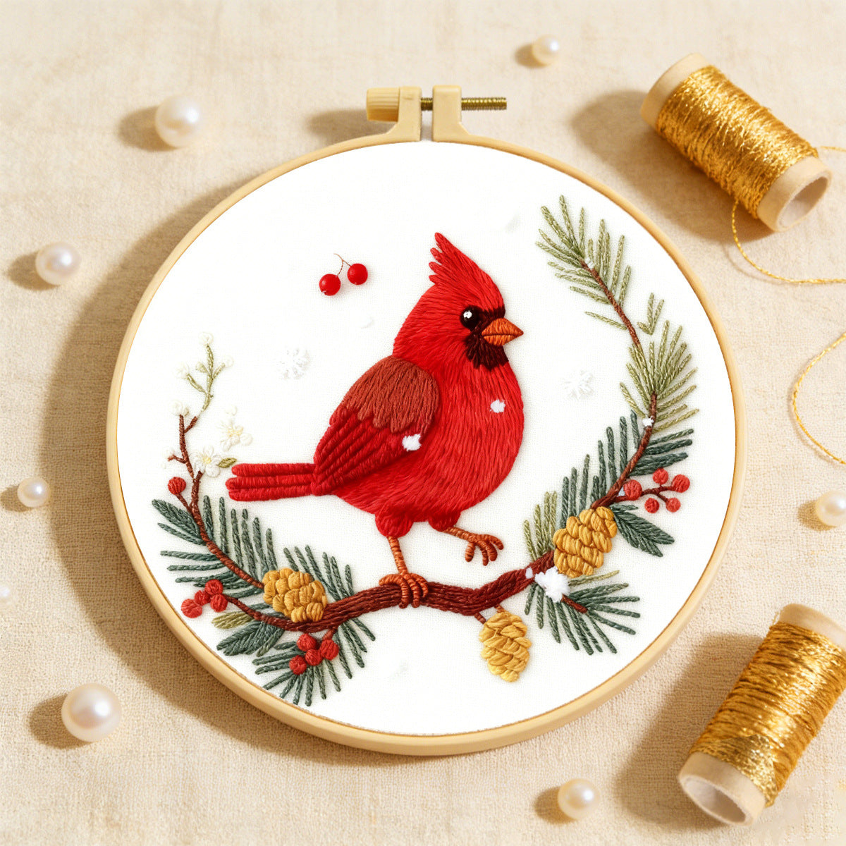 Crimson Songbird's Bloom - DIY Embroidery Kit Detail 1