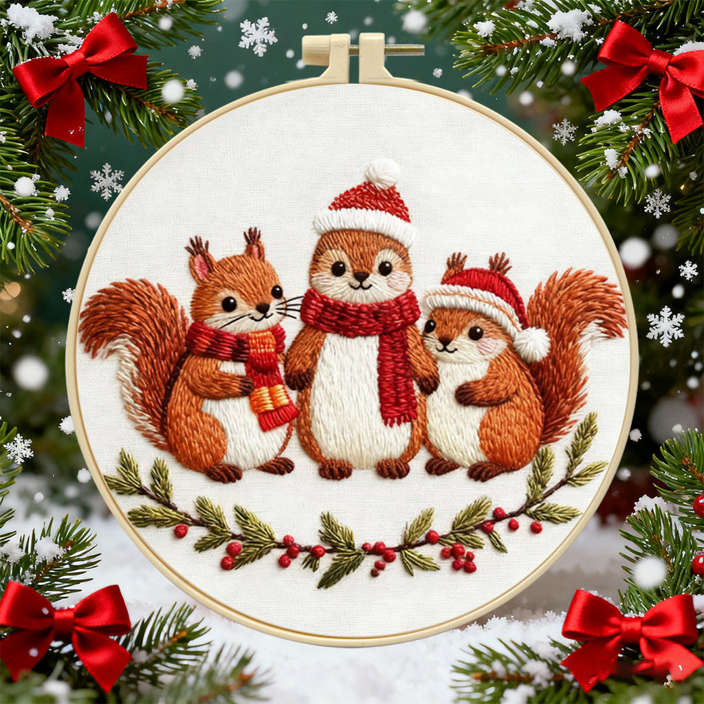 跨境新品Christmas Embroidery KIT圣诞松鼠刺绣套件英文针法说明