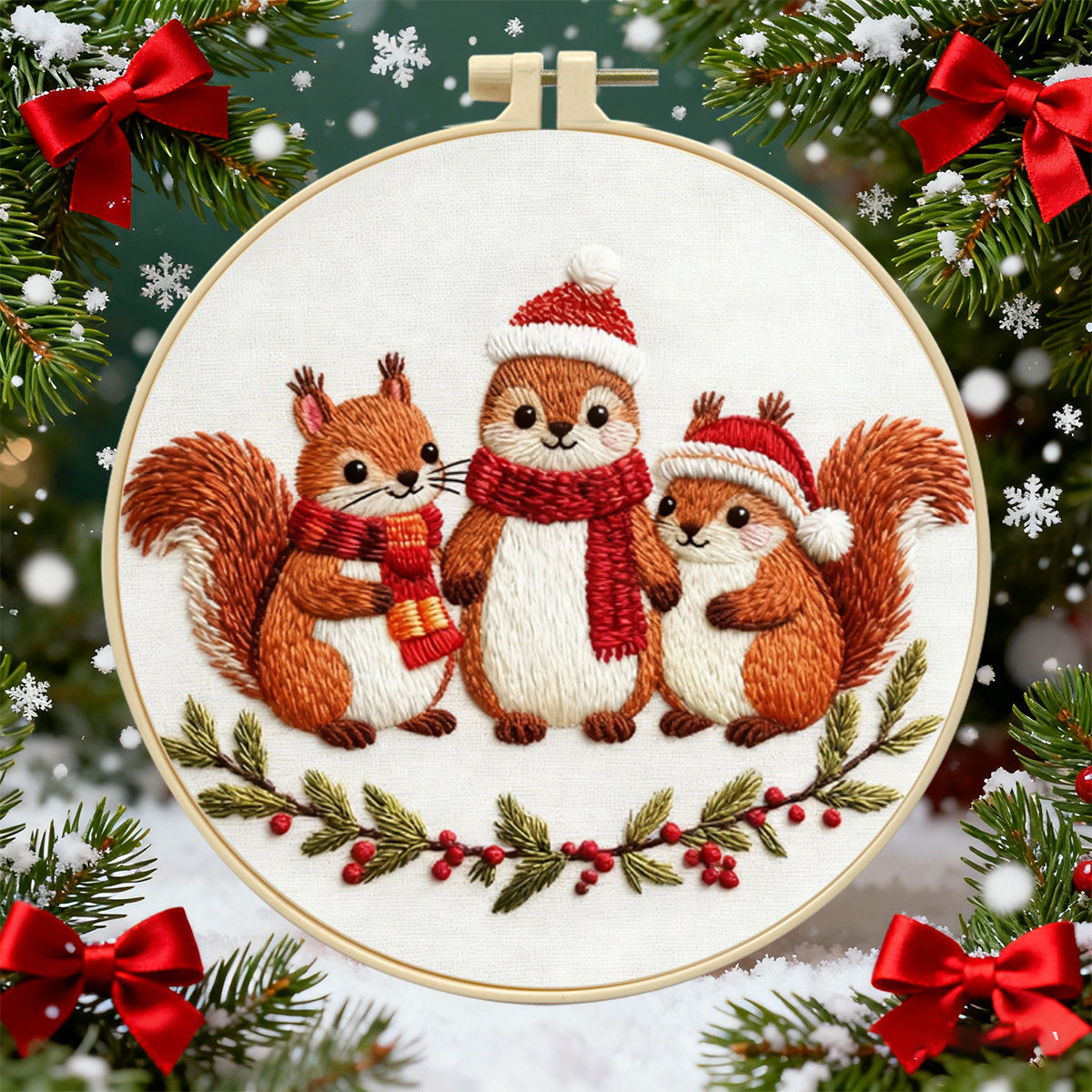 跨境新品Christmas Embroidery KIT圣诞松鼠刺绣套件英文针法说明
