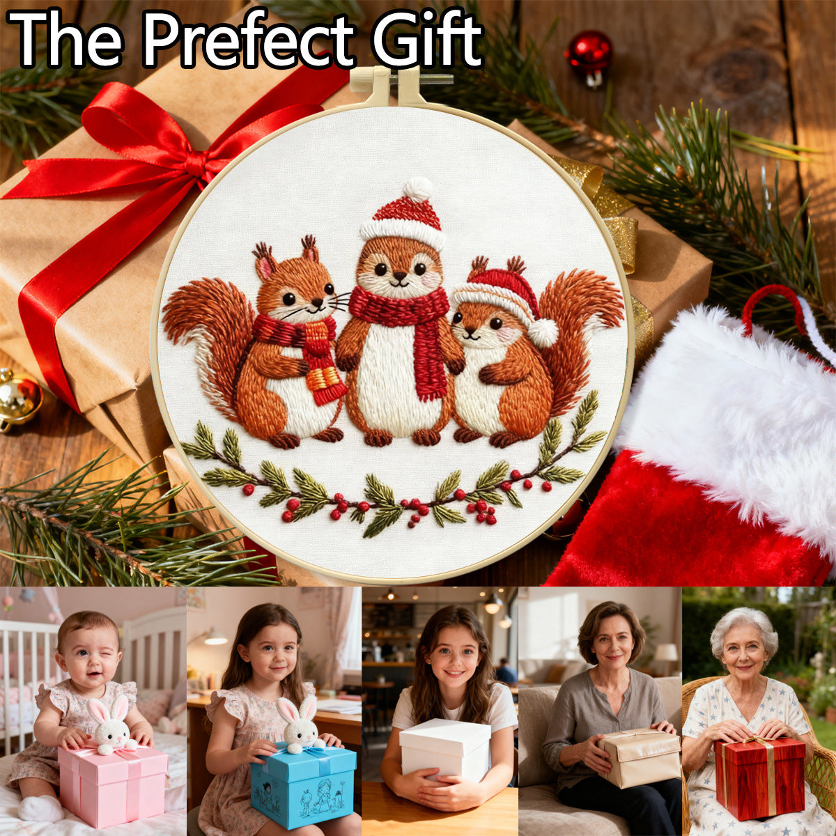 跨境新品Christmas Embroidery KIT圣诞松鼠刺绣套件英文针法说明