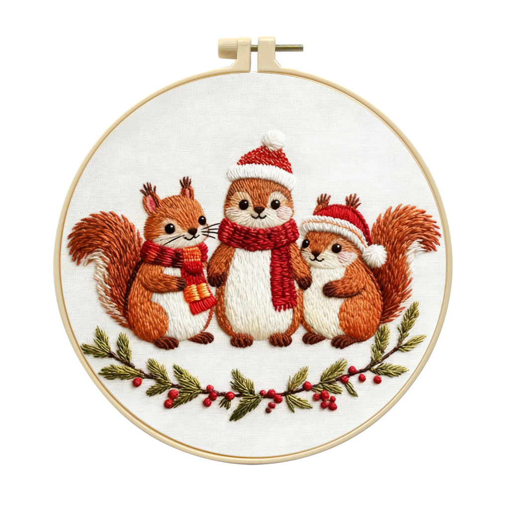 跨境新品Christmas Embroidery KIT圣诞松鼠刺绣套件英文针法说明