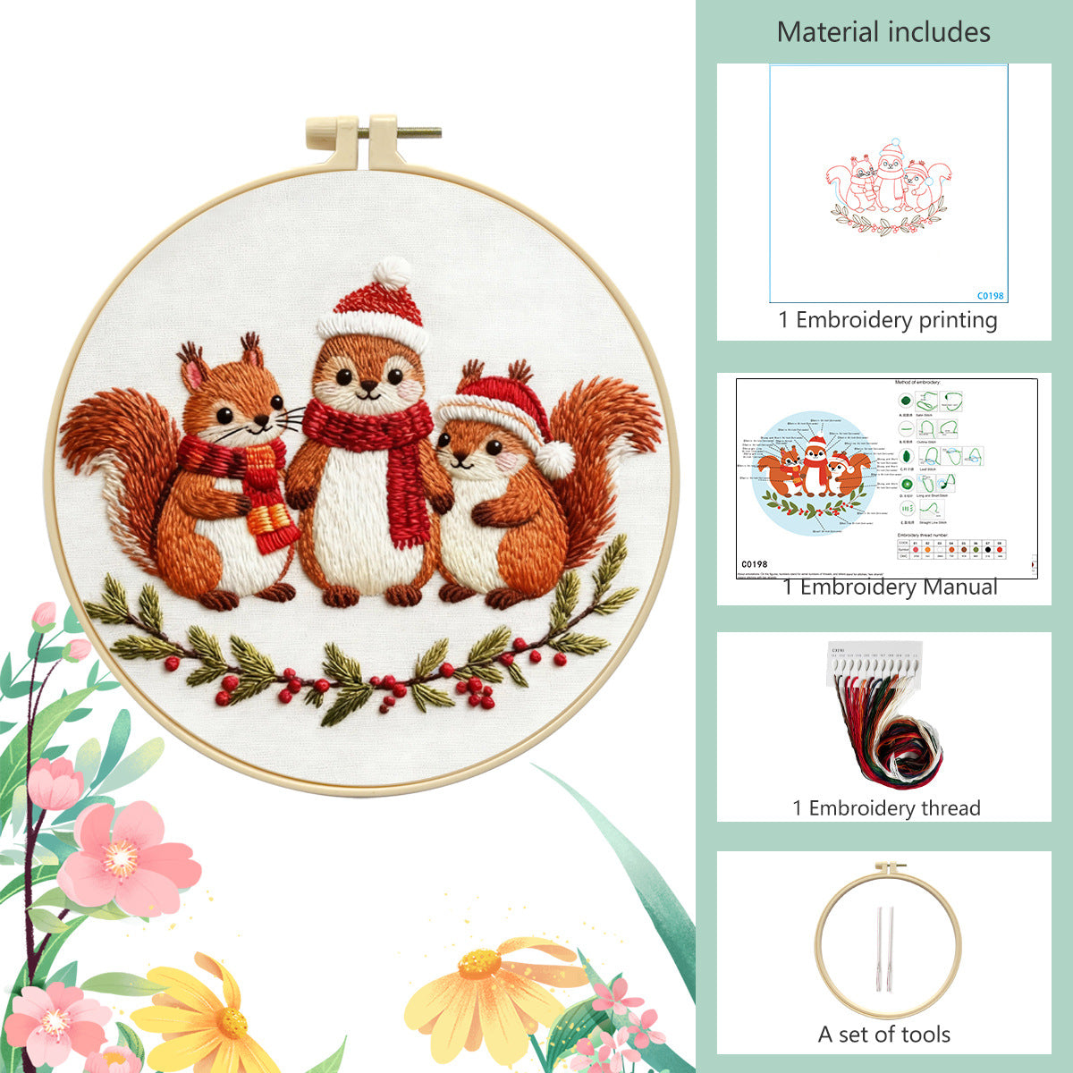 跨境新品Christmas Embroidery KIT圣诞松鼠刺绣套件英文针法说明