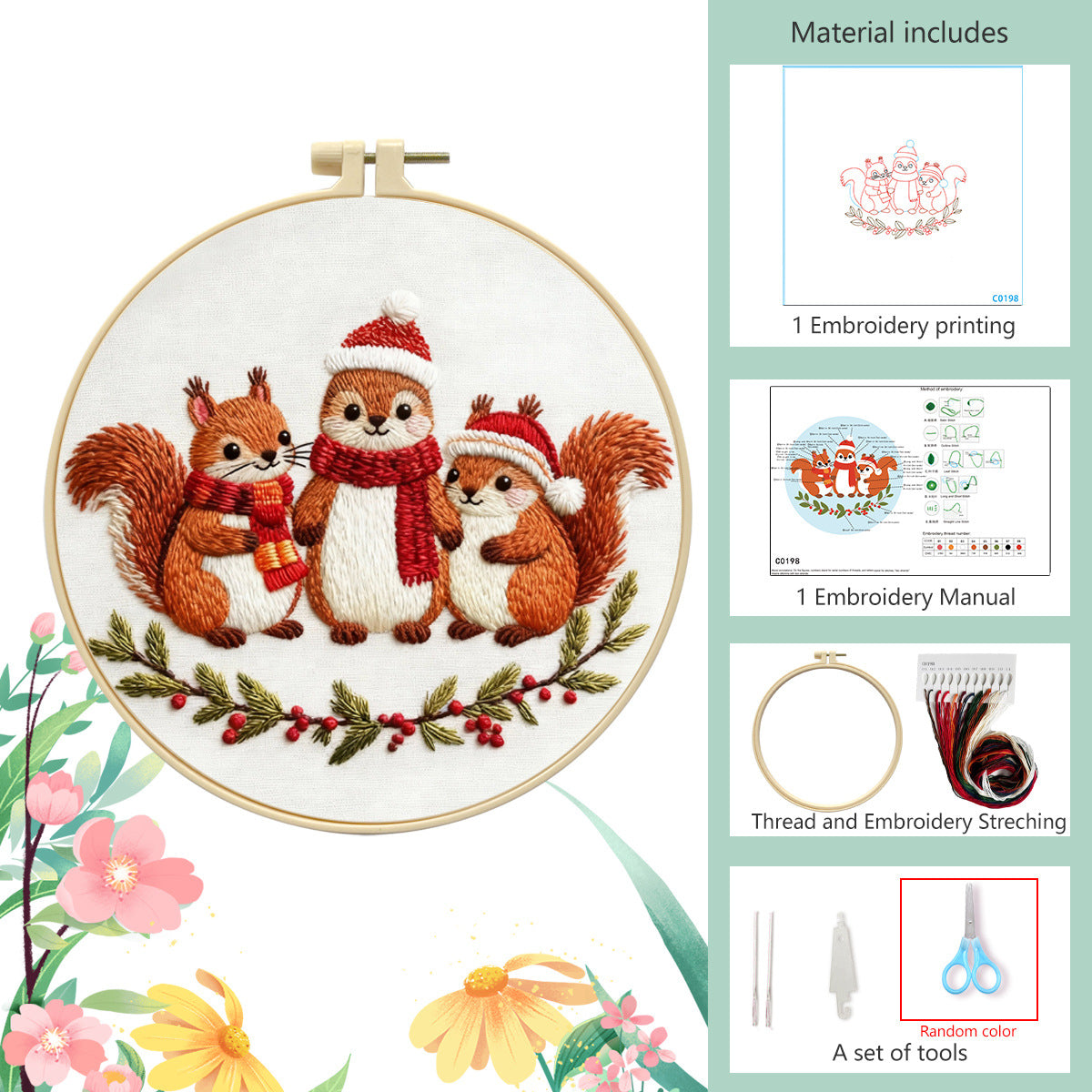 跨境新品Christmas Embroidery KIT圣诞松鼠刺绣套件英文针法说明