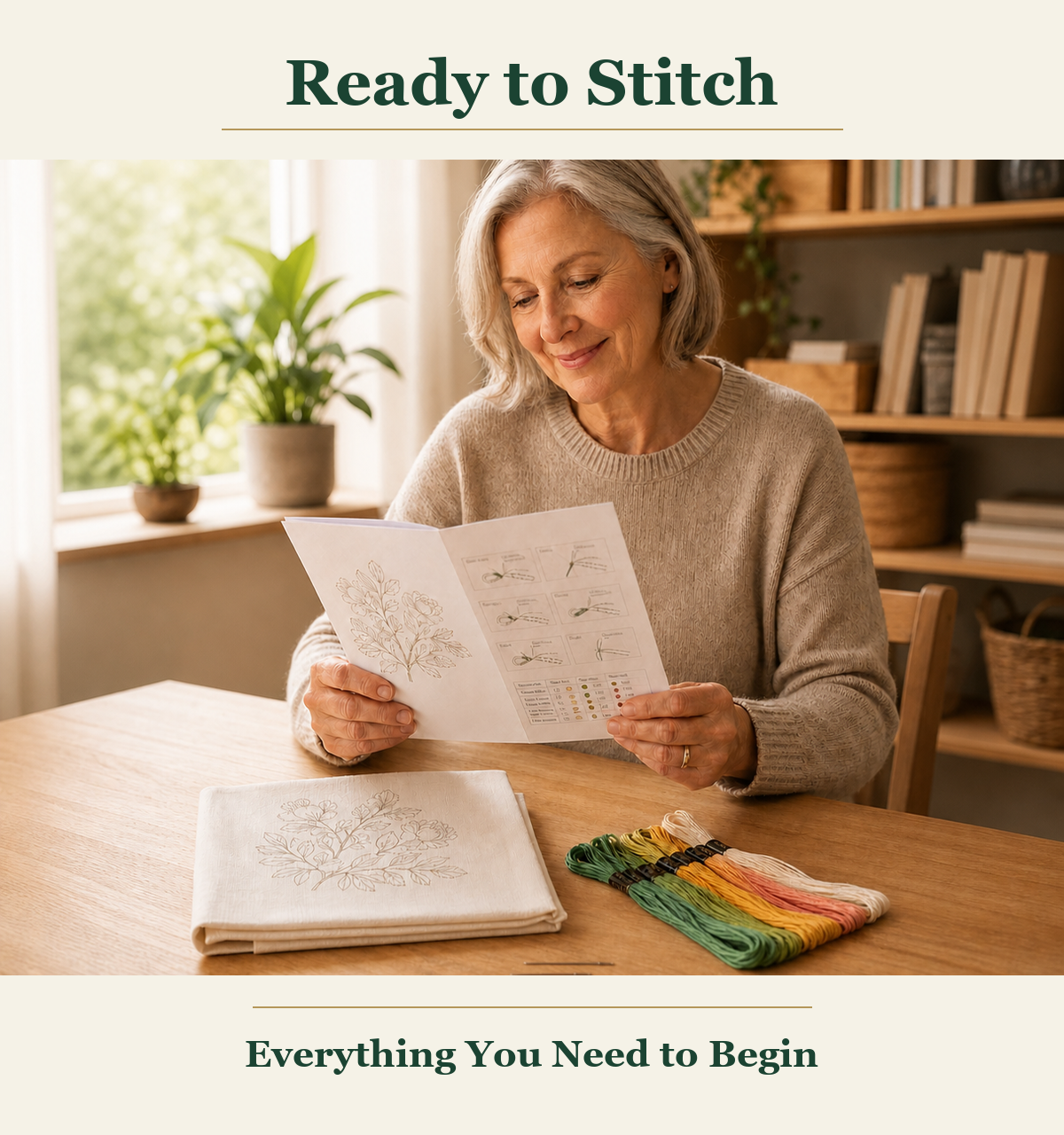 Ready-to-stitch craft kit with essential materials arranged for an easy and enjoyable start.