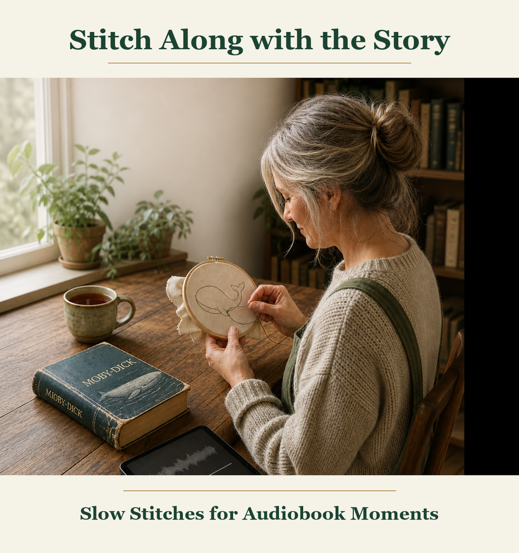 A maker stitching while listening to an audiobook, showing a calm and companionable craft moment.