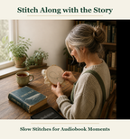 A maker stitching while listening to an audiobook, showing a calm and companionable craft moment.