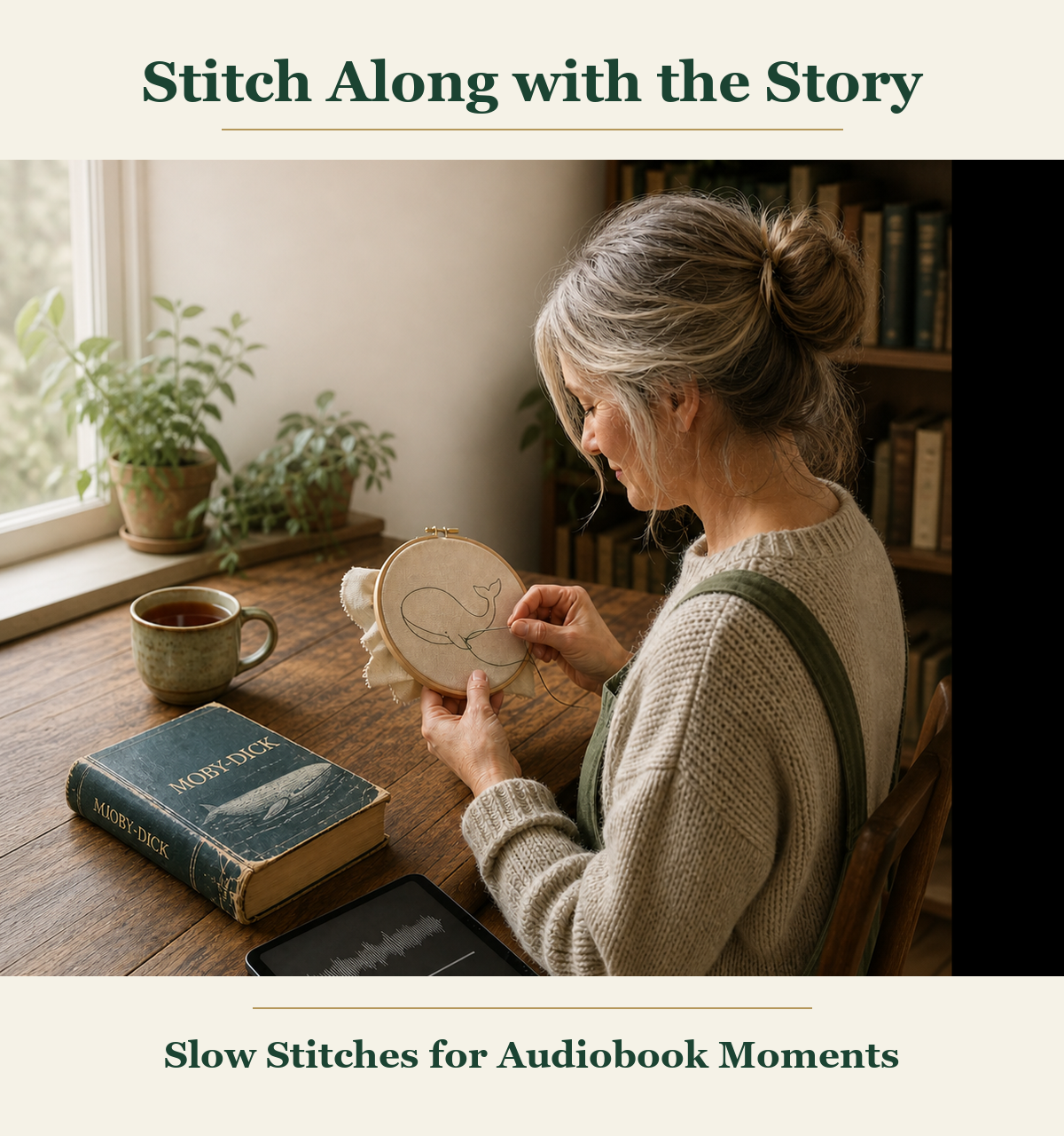 A maker stitching while listening to an audiobook, showing a calm and companionable craft moment.