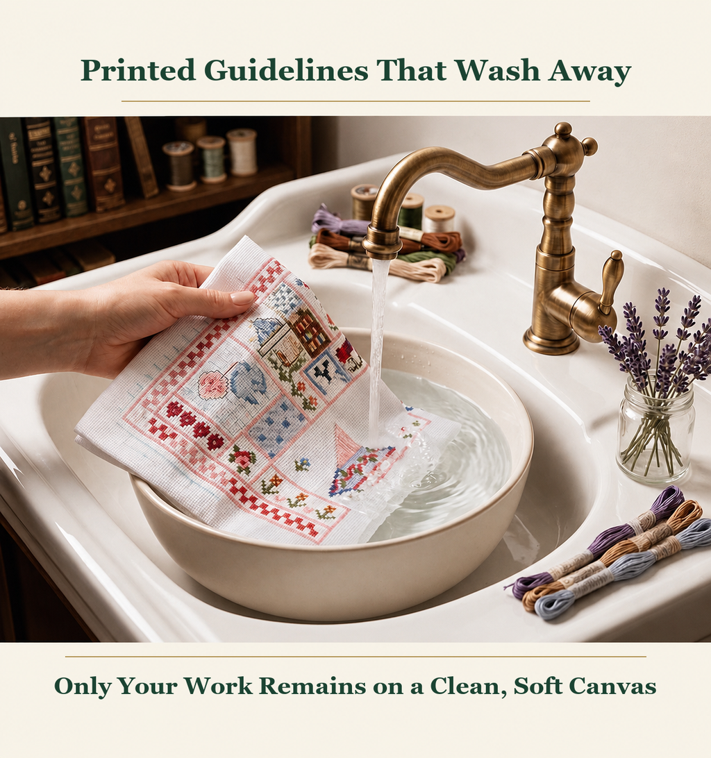 Water-soluble stitching pattern dissolving in water to reveal the finished handmade design.